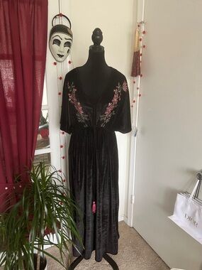 Cost Plus World Market Black Velvet Maxi Dress with Pink Floral Embroidery